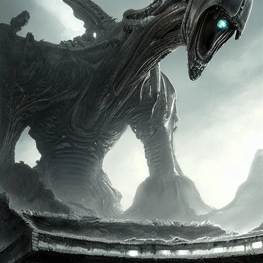 Image similar to a shadowy figure hovers above an alien temple by raymond swanland, highly detailed