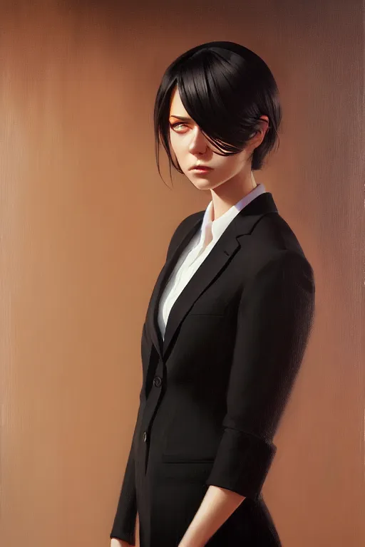 Prompt: a ultradetailed beautiful portrait panting of a stylish woman wearing a black loose fit suit with a tie, oil painting, by ilya kuvshinov, greg rutkowski and makoto shinkai, trending on artstation