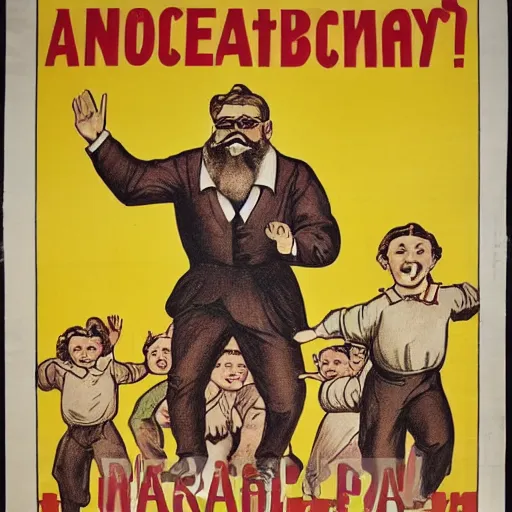 Prompt: a communist propaganda poster from the 1900s portraying a bearded happy white man wearing glasses smiling with lots of happy children below the frame running towards the frame highly detailed drawing