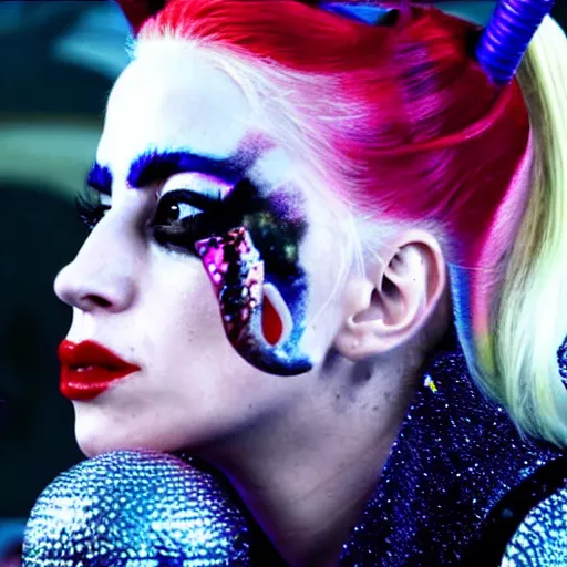 Image similar to movie still of lady gaga as harley quinn great lighting 4k quality