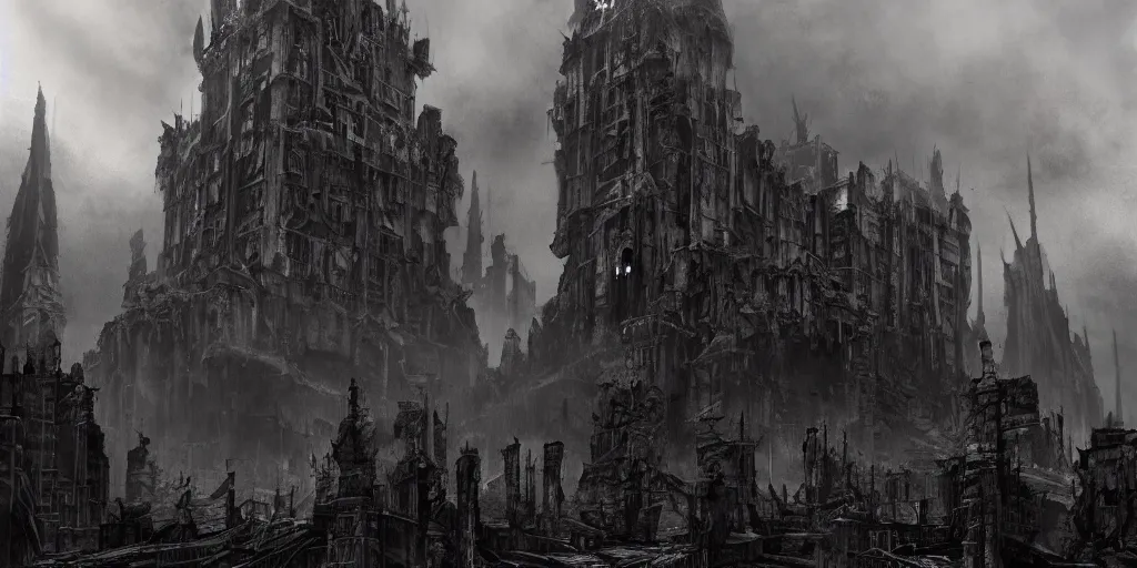 Image similar to grimdark chaos fortress, ruined, terrifying architecture, looming, dark, fog, dark souls, hyperrealistic, artstation