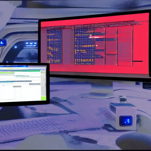 Image similar to futuristic programming ide, powered by ai, from sci - fi movie.