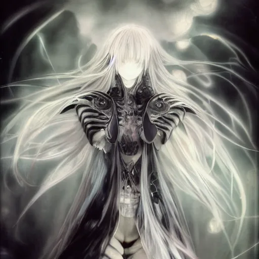 Image similar to yoshitaka amano blurred and dreamy realistic illustration of an anime girl with wavy white hair and cracks on her face wearing elden ring armour with the cape fluttering in the wind, abstract black and white patterns on the background, noisy film grain effect, highly detailed, renaissance oil painting, weird portrait angle