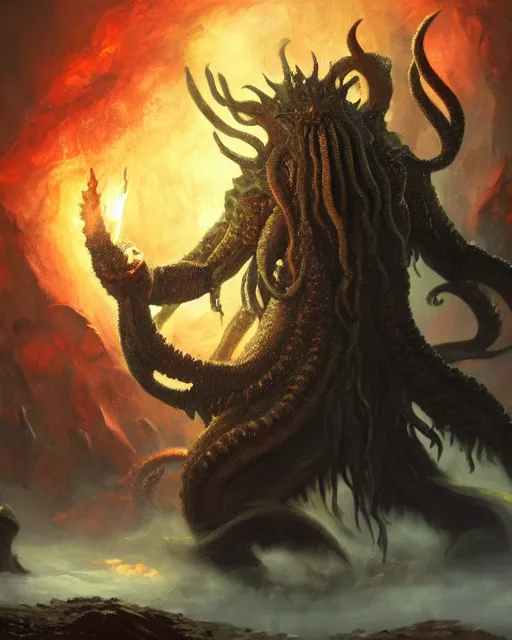 Image similar to oil painting of Cthulhu, wearing intricate fur armor, sharp focus, holding magical fiery Sword, magical aura, heroic pose, fantasy style, octane render, volumetric lighting, 8k high definition, by greg rutkowski, highly detailed, trending on art Station, magic the gathering artwork, magical Battlefield backround, centered