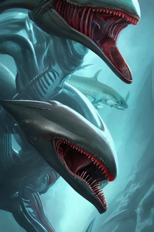 Prompt: xenomorph mixed with shark with extra teeth, underwater, highly detailed, digital painting, artstation, concept art, smooth, sharp focus, illustration, unreal engine 5, 8 k, art by artgerm and greg rutkowski and alphonse mucha