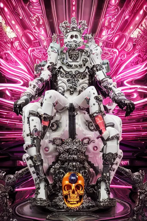 Image similar to full-body rococo and cyberpunk style neon statue of a young attractive portugues macho dotado android reclining sim roupa con piroca, glowing white laser eyes, prince crown of pink gears, diamonds, swirling silver-colored silk fabric. futuristic elements. full-length view. space robots. human skulls. intricate artwork by caravaggio. Trending on artstation, octane render, cinematic lighting from the right, hyper realism, octane render, 8k, depth of field, 3D