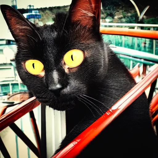 Image similar to black cat on a rollercoaster. focus on cats face. sunlight. polaroid photo. bright colors.