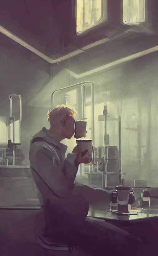 Prompt: a beautiful artwork illustration, concept art sketch of a portrait of a blonde man drinking coffee in a laboratory, volumetric fog, godrays, high contrast, high contrast, high contrast, vibrant colors, vivid colors, high saturation, by Greg Rutkowski and Jesper Ejsing and Raymond Swanland and alena aenami, featured on artstation, wide angle, vertical orientation