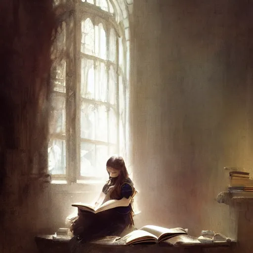 Prompt: a girl reading a book, her hair flowing down, by omar ortiz, carl spitzweg, ismail inceoglu, vdragan bibin, hans thoma, greg rutkowski, wayne forrest, krzysztof lukasiewicz, perfect face, fine details, centered, rule of thirds, photorealistic shading