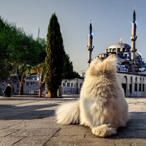 Image similar to A giant cat sitting next to a mosque in Istanbul, daytime, photorealistic, 4K, HD, award winning