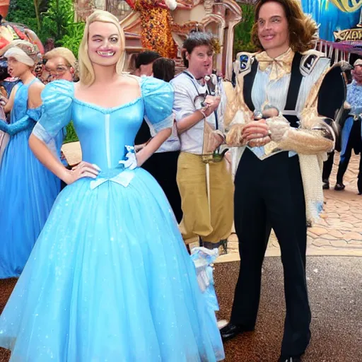 Prompt: Margot Robbie cosplaying as Cinderella, photo, Disney World