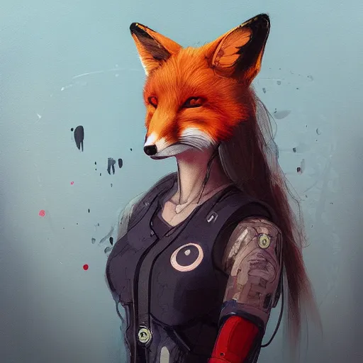 Image similar to midjourney :: a painting of a woman with a fox on her head, cyberpunk art by Sam Spratt, featured on Artstation, furry art, darksynth, artstation hd, 2d game art