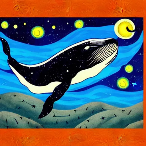 Image similar to portrait of whale swimming on a starry night sky, swimming across the universe, oniric, dreamy, stylized, beautiful,