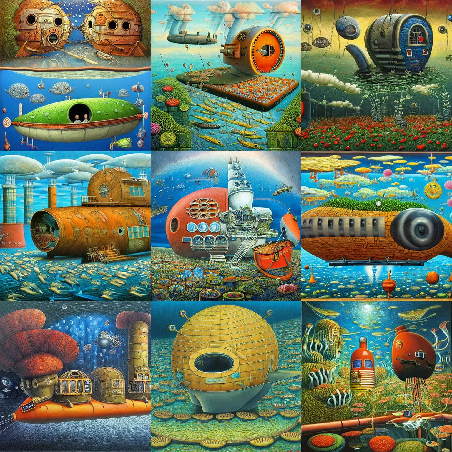 Prompt: submarine - house. painting by jacek yerka.