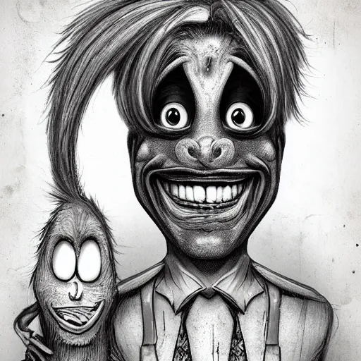 Image similar to grunge cartoon sketch of a human mixed with a chicken with a wide smile by - michael karcz, loony toons style, horror theme, detailed, elegant, intricate