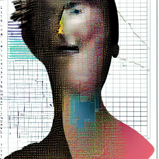 Image similar to beautiful elegant woman seen in profile, from the side, haloed by an explosion of microsoft excel chart lines and graphs by rik oostenbroek, simple contrasted color, white background