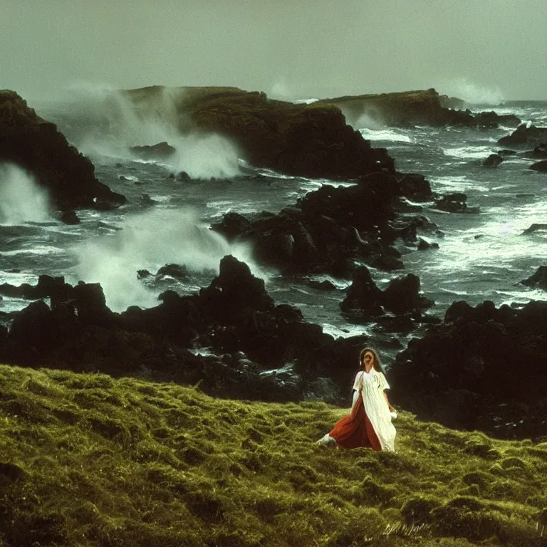 Image similar to dark and moody 1 9 7 0's artistic technicolor spaghetti western film, a large huge group of women in a giant billowing wide long flowing waving shining bright white dresses, standing inside a green mossy irish rocky scenic landscape, crashing waves and sea foam, volumetric lighting, backlit, moody, atmospheric, fog, extremely windy, soft focus