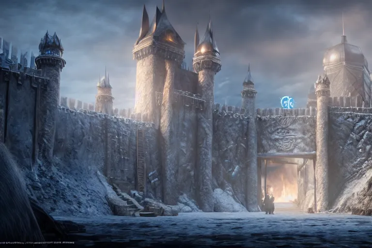 Image similar to a very detailed concept art of game of thrones gates to frozen fantasy world, trending on artstation, digital art, 4 k, hyper realistic, octane render, sharp focus