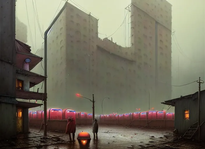 Prompt: waiting in line birthday cake, by simon stalenhag and gil elvgren and tom bagshaw and marc simonetti and quint buchholz and jan miense molenaer, slums, highly detailed, hyperrealism, dreary, cold, cloudy, grey, smog, high contrast, solarpunk, high saturation