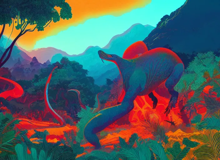 Prompt: psychedelic art of dinosaurs and volcanoes, jungle landscape, detailed, cel shaded, by makoto shinkai and moebius and anton fadeev and james gurney