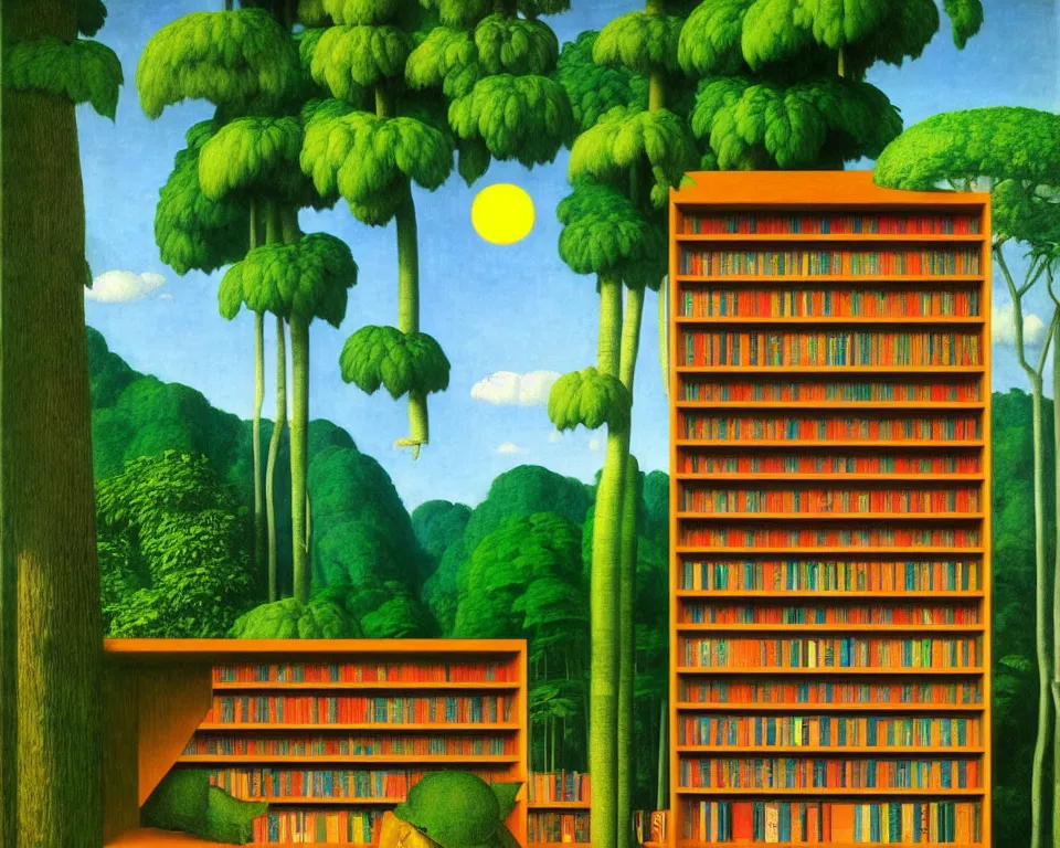 Prompt: a bookshelf in the rainforest by raphael, hopper, and rene magritte. hyperdetailed, proportional, romantic, enchanting, achingly beautiful, graphic print, trending on artstation.