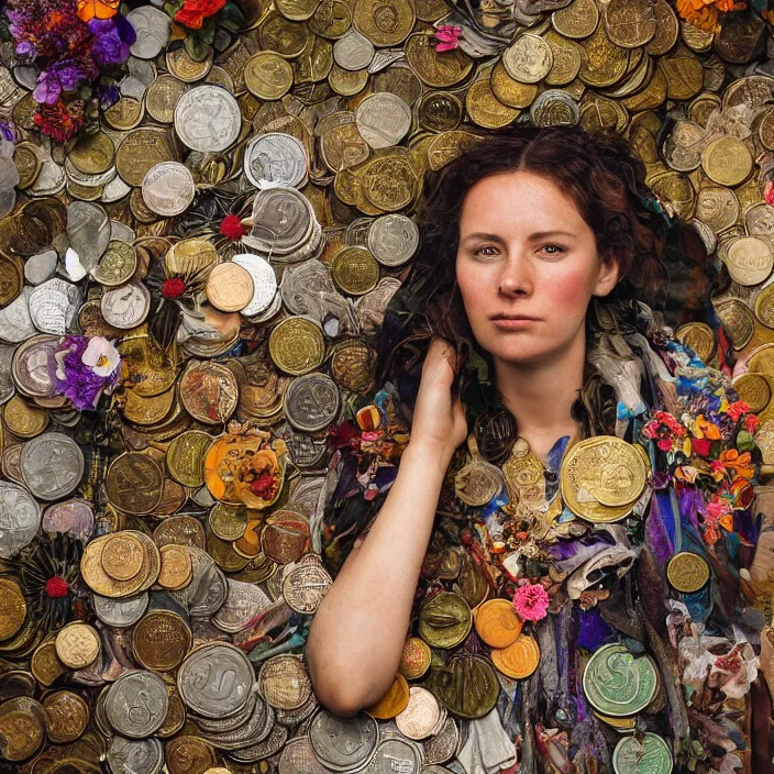 Image similar to closeup portrait of a woman wearing a cloak made of garbage and junk and flowers, standing in a pile of coins, forest, by Annie Leibovitz and Steve McCurry, natural light, detailed face, CANON Eos C300, ƒ1.8, 35mm, 8K, medium-format print