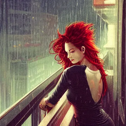 Image similar to a beautiful artwork of a woman with red hair in jeans and a white shirt smoking on the balcony of a hotel at night, top view, cinematic shot, rainy, marvel, dc comics neon and rainy theme atmosphere by Jerome Opeña, featured on artstation