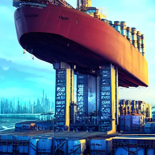 Image similar to photo of Immense industrial futuristic cargo ship arrives at cyber punk city sea port, cinematic lighting, photo