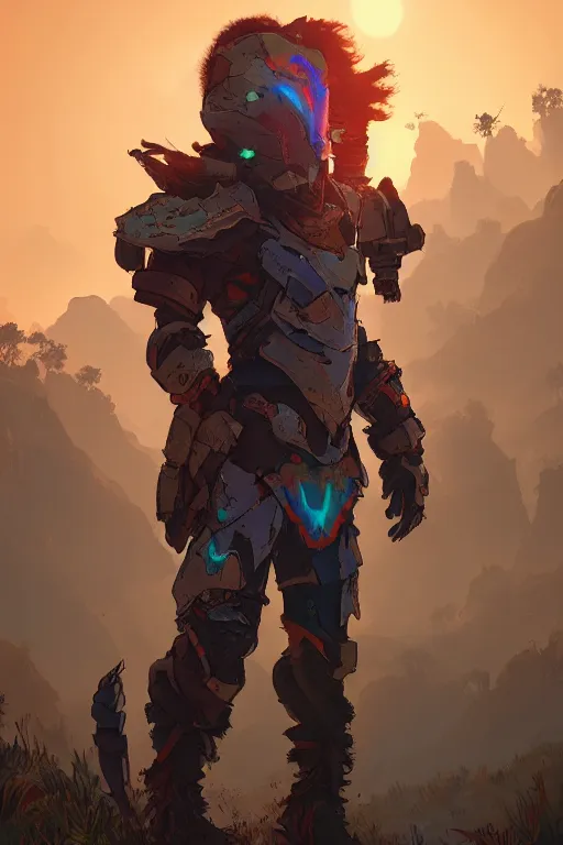 Image similar to combination suit armor aloy horizon forbidden west horizon zero dawn radiating a glowing aura global illumination ray tracing hdr fanart arstation by ian pesty and alena aenami artworks in 4 k tribal robot ninja mask helmet backpack