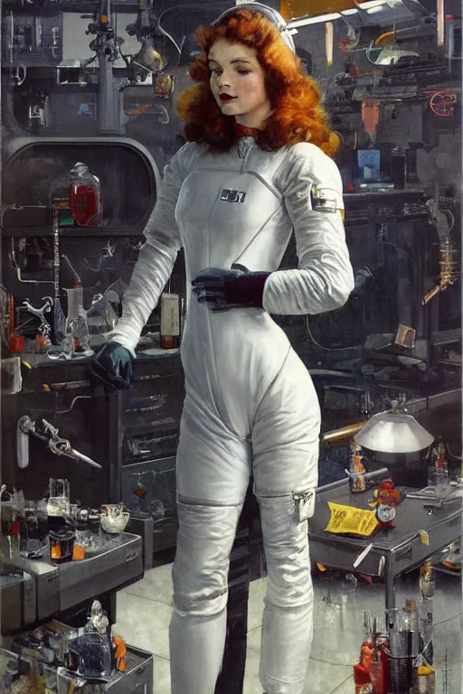 Image similar to pulp scifi fantasy illustration full body portrait of elegant woman wearing latex spacesuit in laboratory, by norman rockwell, jack kirby, bergey, craig mullins, ruan jia, jeremy mann, tom lovell