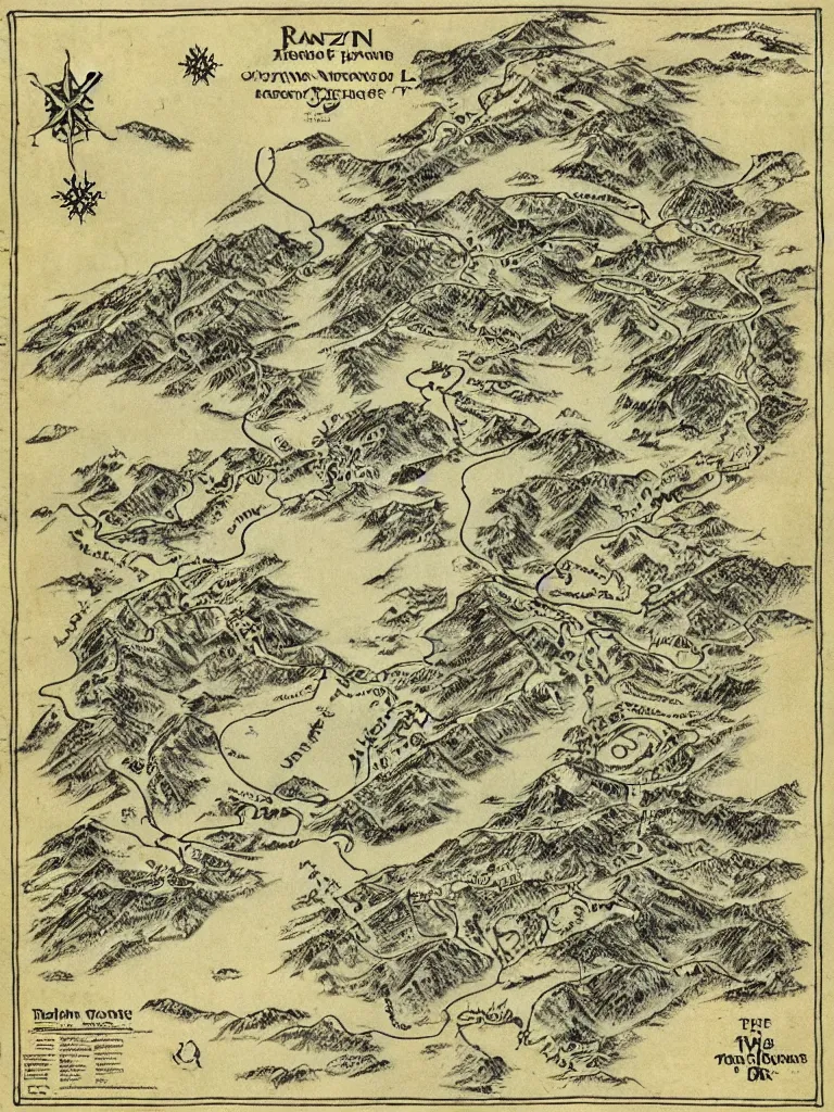 Prompt: old fantasy map of a frozen region with a abandoned mine drawn by j. r. r. tolkien