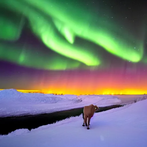 Prompt: a calf born in winter, cozy, stars in the sky, aurora borealis