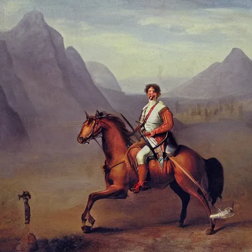 Image similar to portrait of a man mounted on horseback while raising a sword with his right hand pointed north, behind him 1 0 0 0 people can be seen fighting with swords and muskets typical of the war of independence, low light, cloudy, mountains in the foggy background