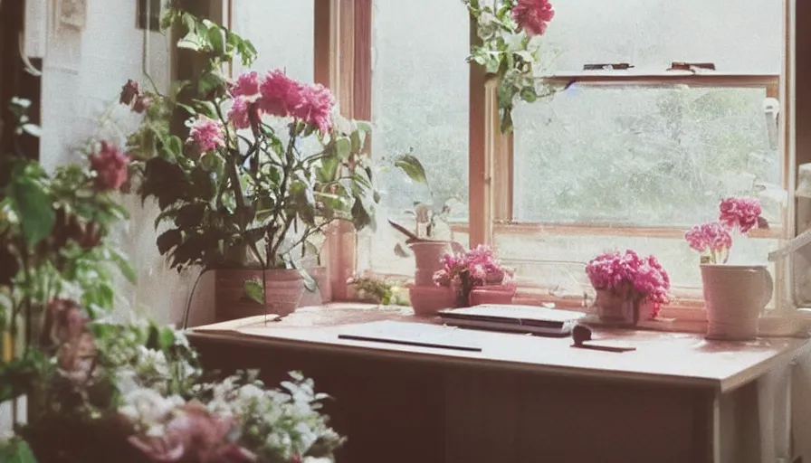Prompt: 1 9 9 0 s candid 3 5 mm photo of a beautiful day in the a dreamy flowery cottage, cinematic lighting, cinematic look, golden hour, a desk for flower arrangements has sun shinning on it through a window, uhd