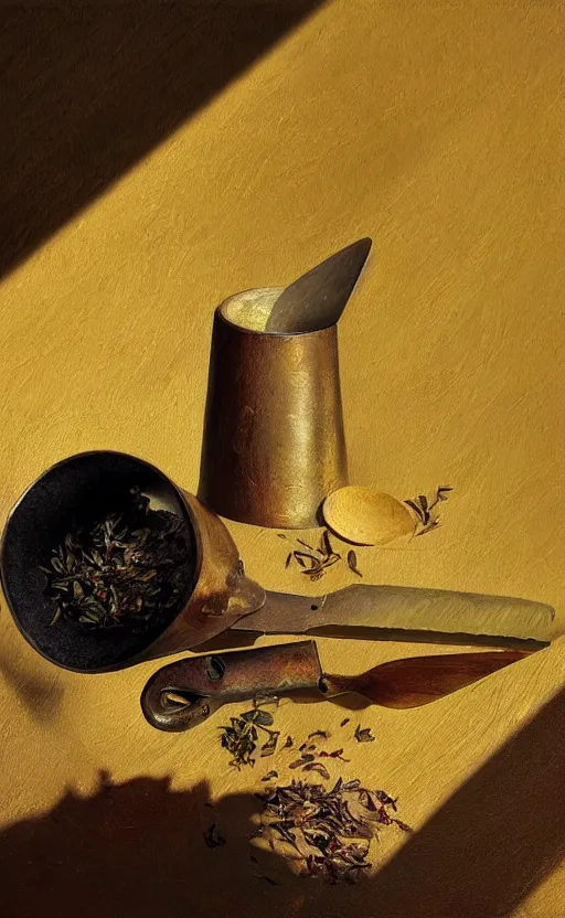Prompt: bronze mortar and pestle, dried herbs and scissors on wooden table in the ray of sunshine, oil painting, sharp focus, high detailed, calm, warm lighting, sparkles, digital art, concept art, by Rutkowsky, baroque