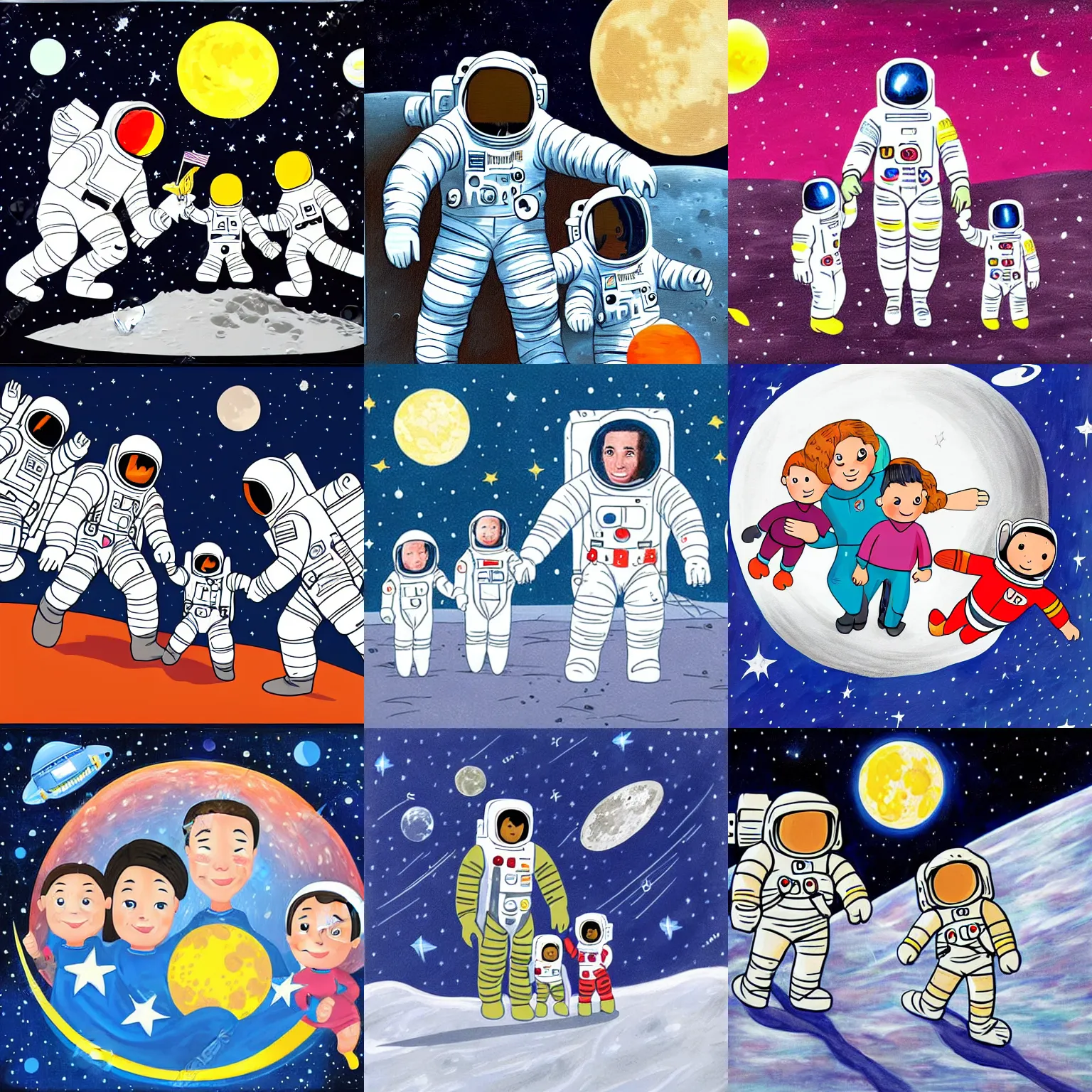 Prompt: family of astronauts astronauts with a child on the lunar surface, cartoon painting
