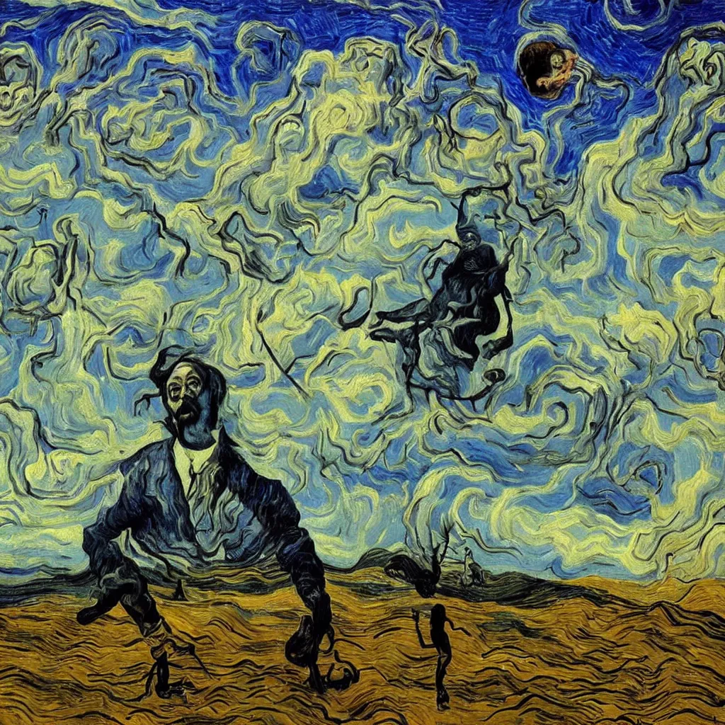 Prompt: Salvador Dalí portrait painted in Vincent van Gogh style in a surreal landscape