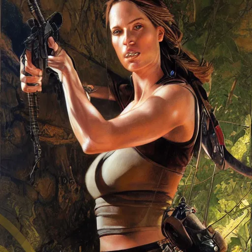 Prompt: portrait of lara croft, by donato giancola, alex ross, howard david johnson, and norman rockwell.