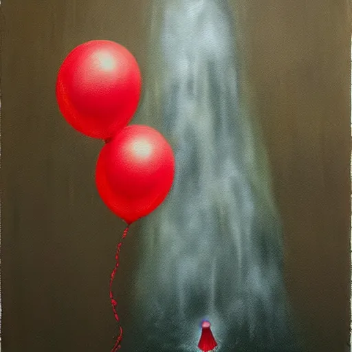 Image similar to grunge painting of a waterfall with a red balloon by chris leib, creepy lighting, horror theme, detailed, elegant, intricate, conceptual, volumetric light