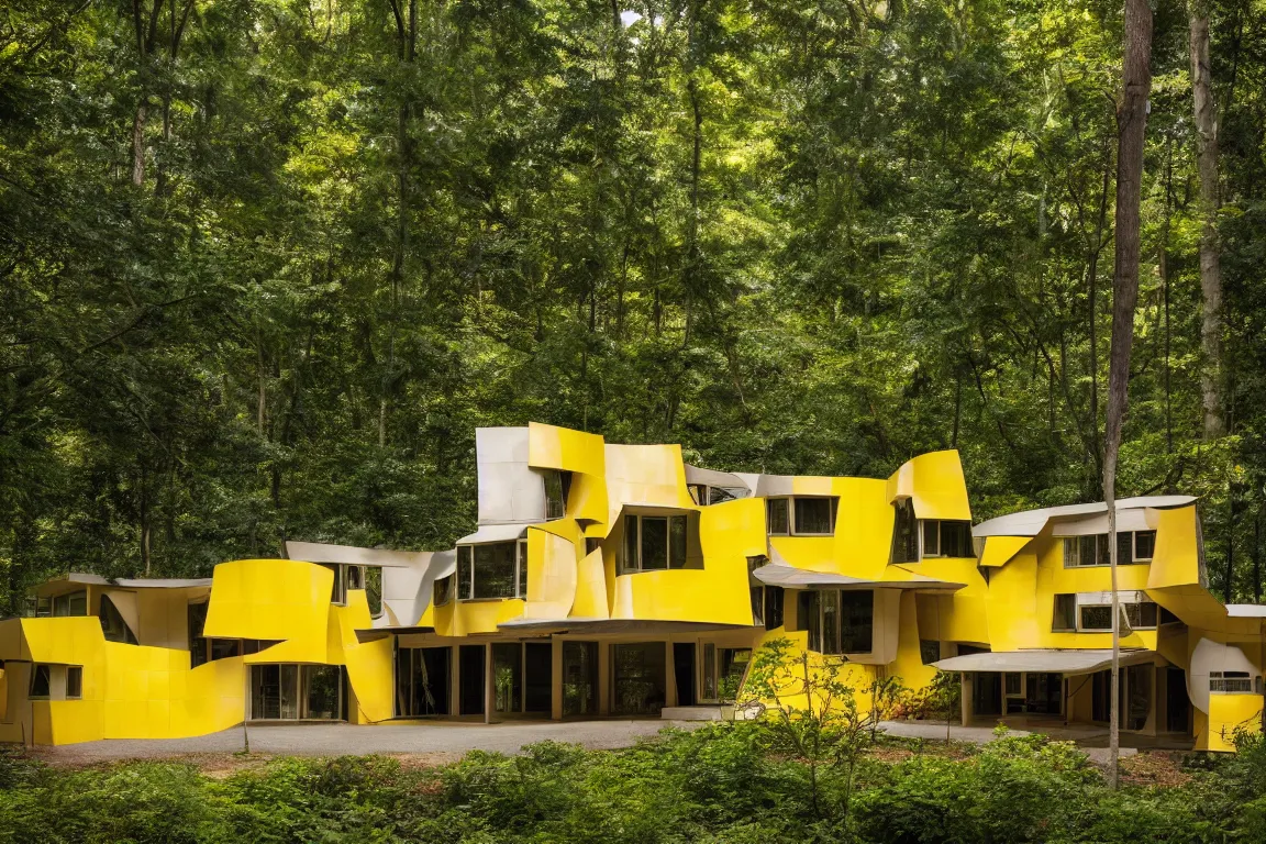 Prompt: a mid century modern house in a forest, designed by Frank Gehry. Big Tiles . Film grain, cinematic, yellow hue