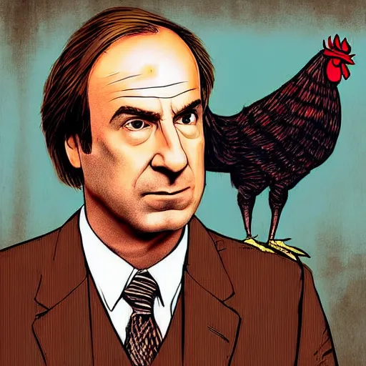 Image similar to saul goodman and a rooster in a medieval torture chamber, saw blades and knives in the background, horror movie, saul goodman, rooster, real life photo, detailed face