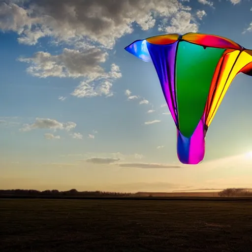 Image similar to an ultra high definition professional studio quality photograph of a transparent iridescent perspex pastel coloured inflatable abstract parachute sculpture in an empty field. dramatic lighting, ray tracing, refraction, shallow d. o. f, colour corrected, golden ratio, three point light. volumetric shadows. god rays.