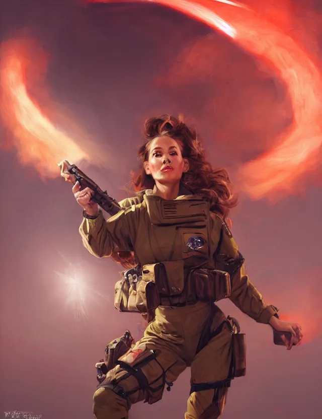 Image similar to a brown - haired woman in a military uniform hovering in the air glowing with red light and crackling energy, by frank fazetta and peter mohrbacher, trending on artstation, digital art, 4 k resolution, detailed, high quality, sharp focus, hq artwork, coherent, insane detail, concept art, character concept, character full body portrait