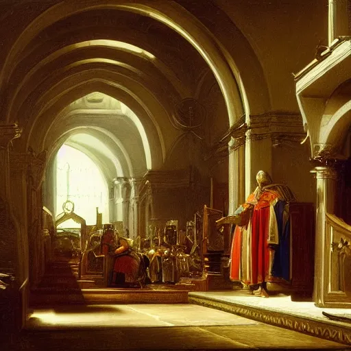 Prompt: an oil painting of a knight wearing plate armor in a church, 4 k, highly detailed, painted by thomas cole