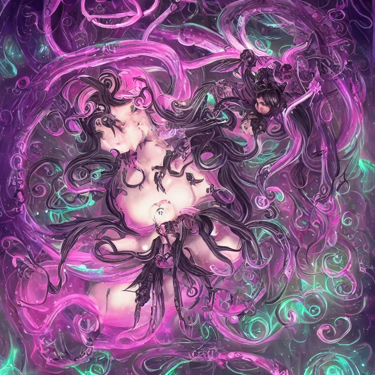 Prompt: A dark fairy from the Abyss. Lit from above. Thick Atmosphere. Sailor Moon. Tentacles. Cute. Kawaii. Chibi. Neon Accents. Bioluminescence. By Lisa Frank and HR Giger. Key Art. Fantasy Illustration. award winning, Artstation, intricate details, realistic, Hyperdetailed, 8k resolution.