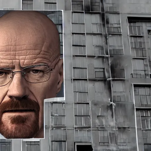 Image similar to a photo of walter white standing in front of a building on fire, highly detailed, 4 k