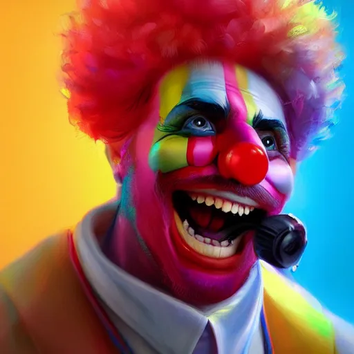 Image similar to Portrait of a colorful happy joyful clown, artstation, cgsociety, masterpiece