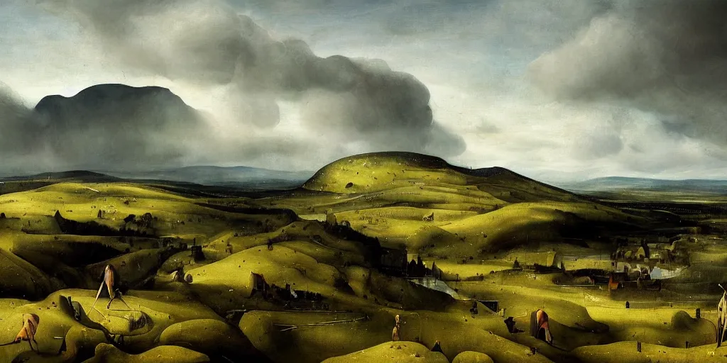 Image similar to very very Beautiful landscape of Aberdeenshire and Bennachie hill in the centre of the painting, physically accurate, dramatic dynamic lighting, intricate, elegant, highly detailed, digital painting, artstation, very hyperrealistic, Hieronymus Bosch, very very Tomas Sanchez, Renaissance, concept art, smooth, sharp focus, illustration, art by artgerm and greg rutkowski and alphonse mucha