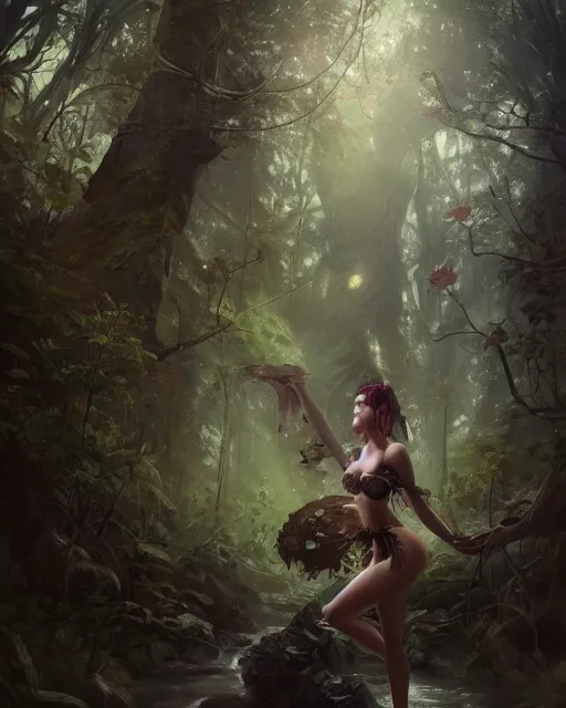 Prompt: A beautiful maid wearing a magical bikini posing in a magical forest, photorealistic face, fantasy art, in the style of greg rutkowski, illustration, epic, fantasy, intricate, hyper detailed, artstation, concept art, smooth, sharp focus