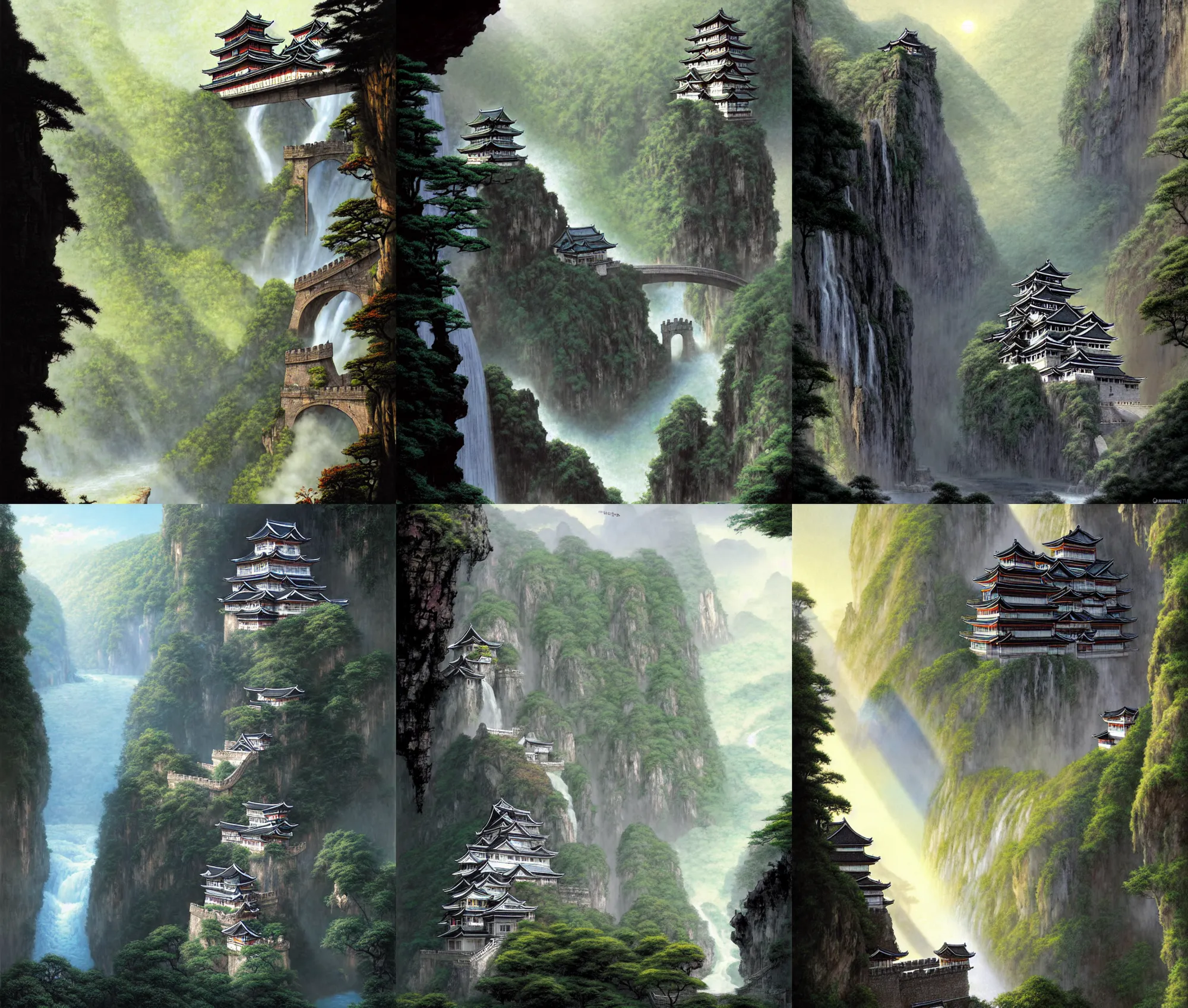 Prompt: establishing wide shot inside han son doong with waterfalls on either side of the cliff walls, at the top of the cliff is a japanese castle, a cloister is built into the cliff walls, an old suspension bridge spans the walls, sunny morning light, sunbeam, beautiful, detailed digital concept art by gerald brom and james gurney